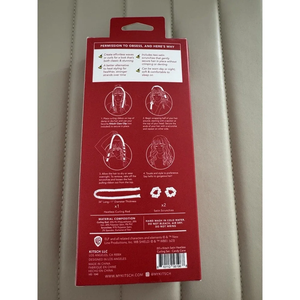 Kitsch Elf 2 Satin Heatless Curling Set Candy Cane With 2 Scrunchies New